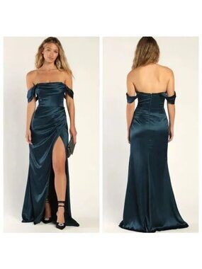 Lulu's Women's Stunning Arrival Off Shoulder High Split Long Dress Teal Size M N